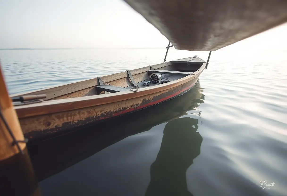 Une barque de pêche flottant sur une rivière calme