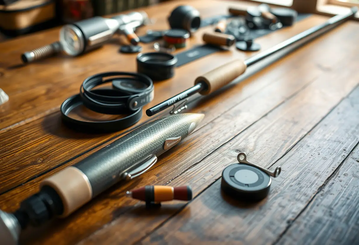 Une canne à surfcasting posée sur une table avec des accessoires de pêche