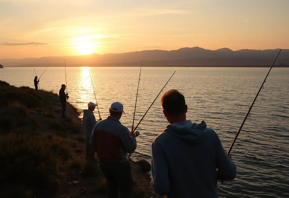 Vue panoramique sur un grand lac, plusieurs pêcheurs à l'horizon, le reflet doré du coucher du soleil