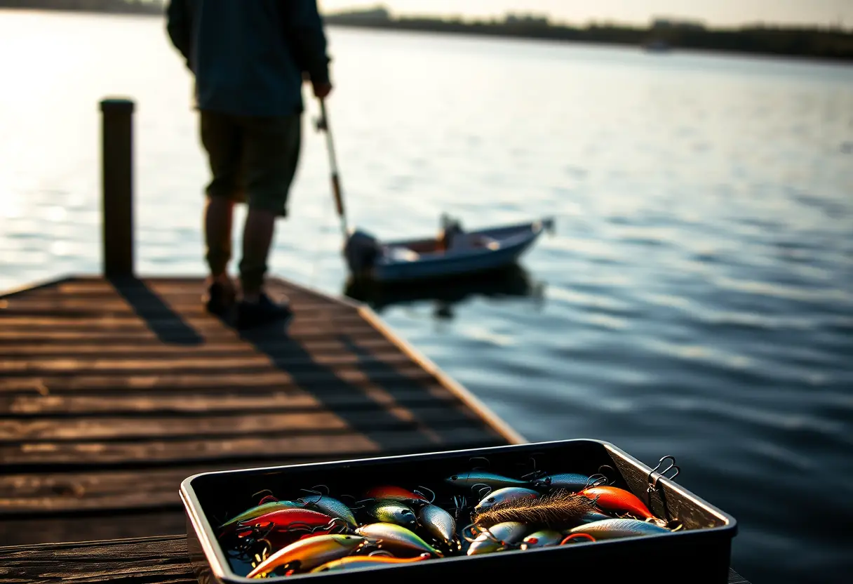 Un coffre à outils ouvert sur un quai de pêche avec divers hameçons et leurres.
