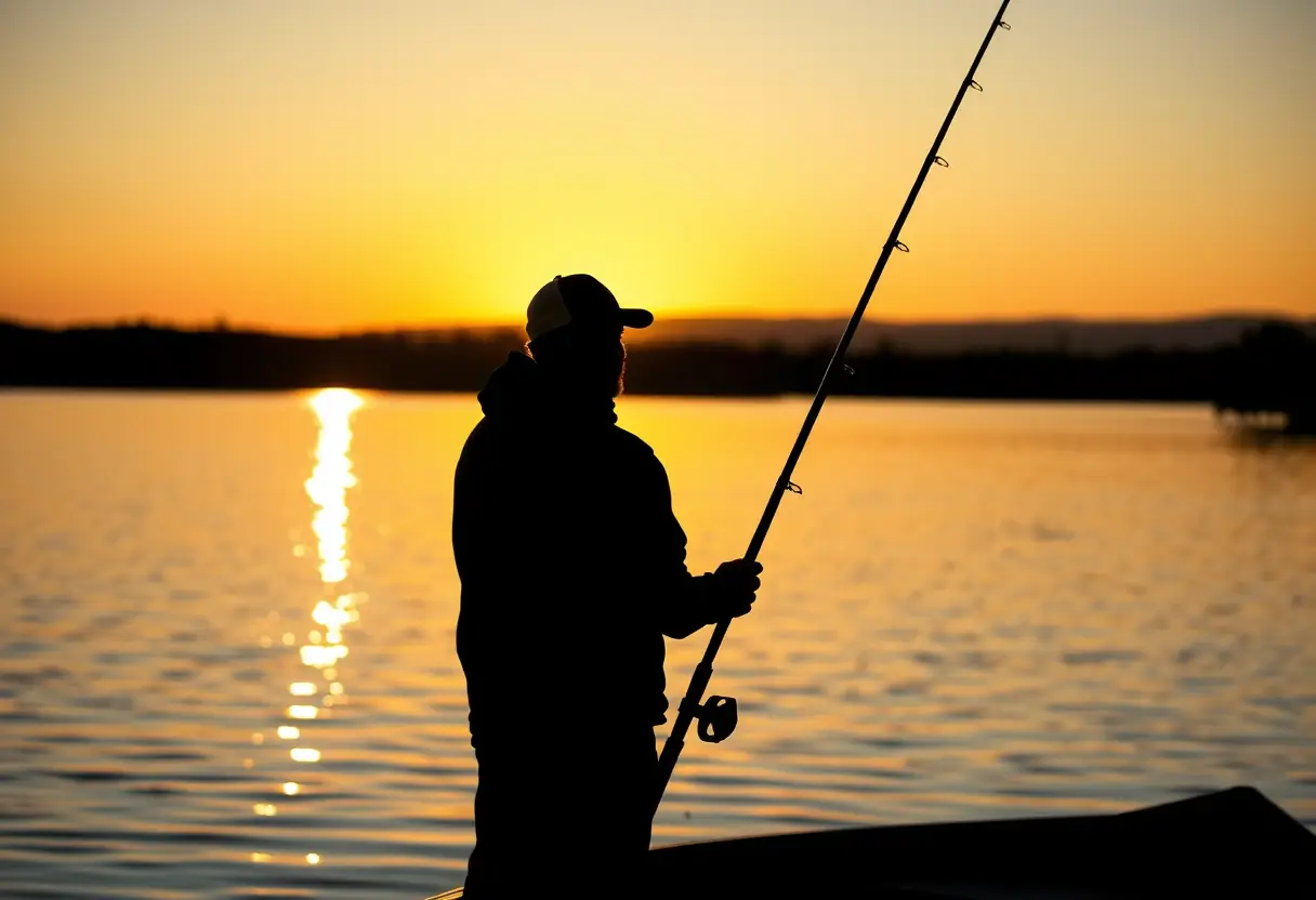 Un pêcheur en arrière-plan sur un lac calme, tenant une canne à carpe en fibre de carbone, sous le reflet du soleil couchant