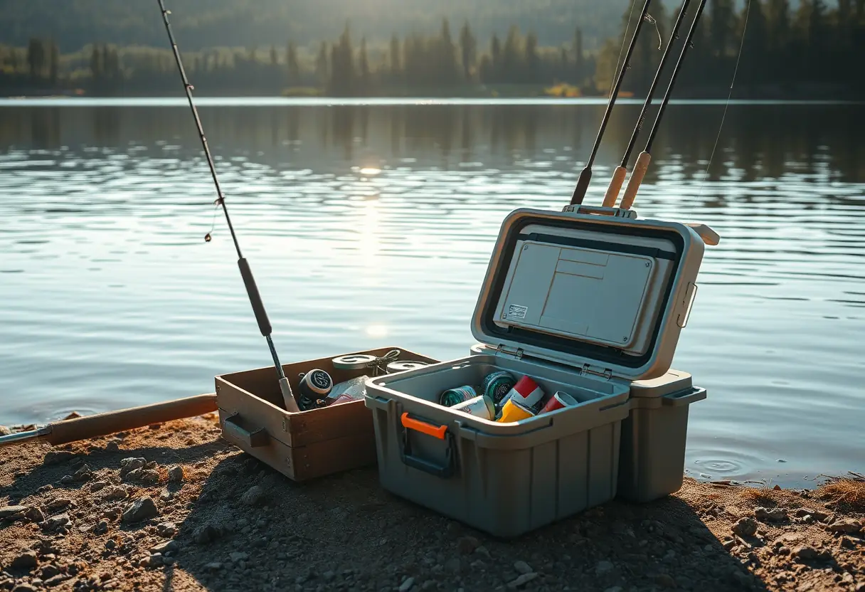 Une boîte à moulinets ouverte sur le bord d'un lac calme