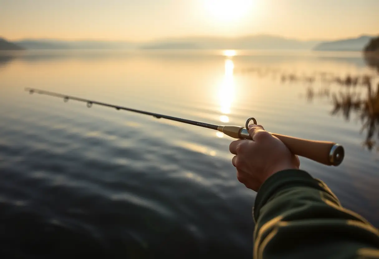 Des mains tenant une canne à mouche au lever du jour, prêt à lancer sur un lac calme