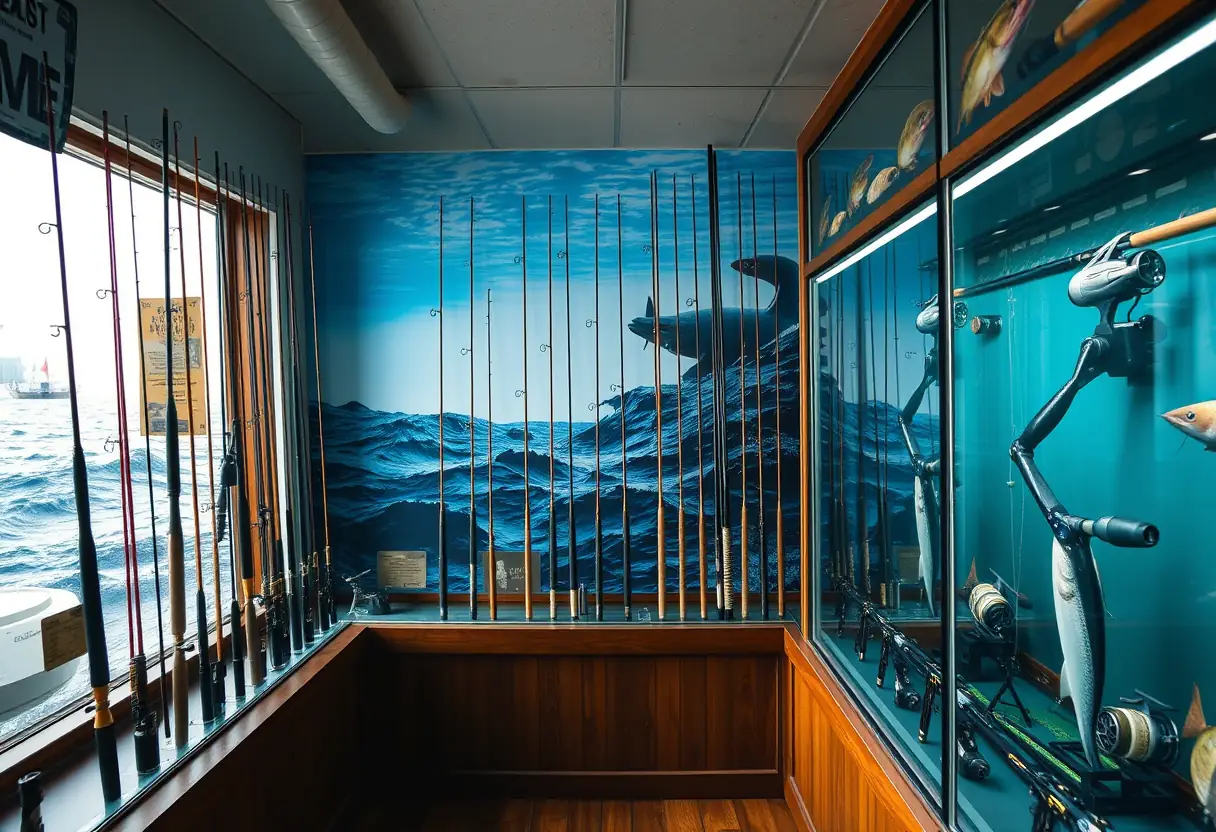 Des cannes de pêche dans un vitrine d'un magasin de pêche