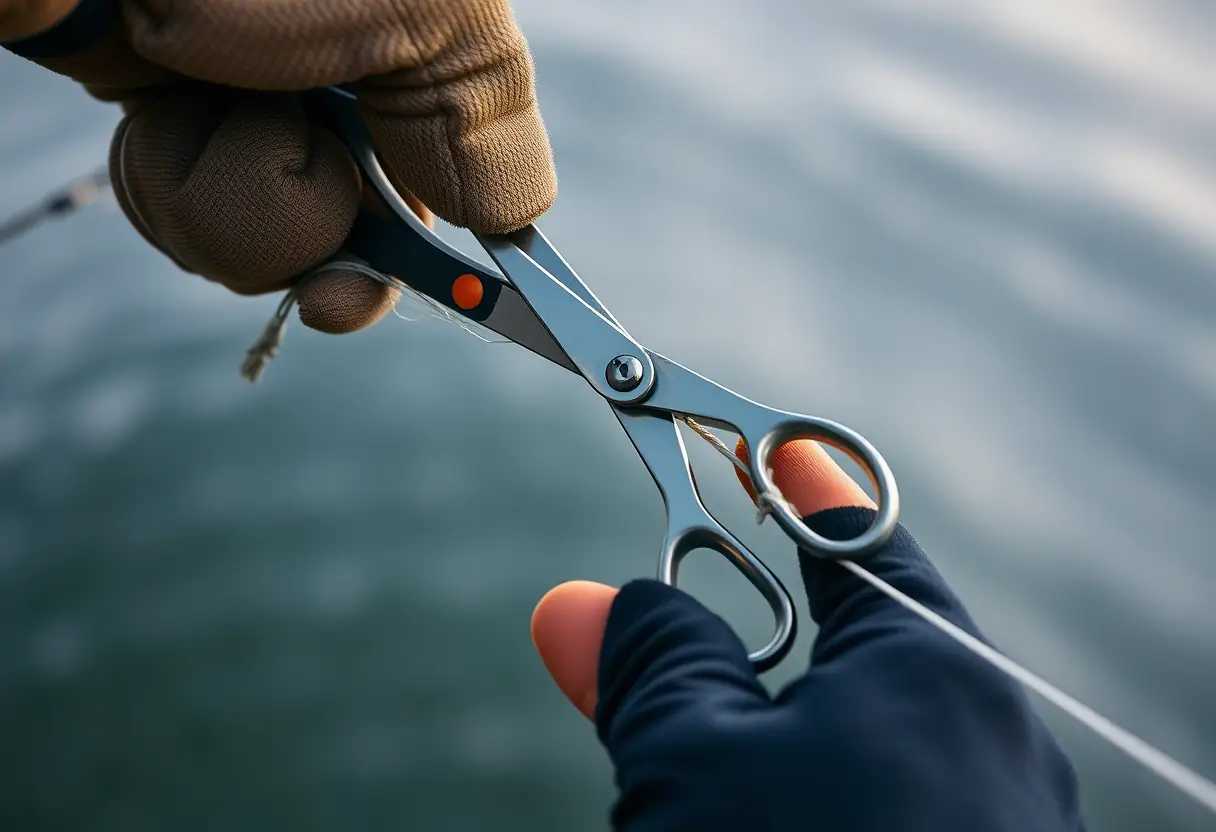 Des ciseaux céramiques coupent une ligne de nylon dans une matinée brumeuse, en pêche aux carnassiers