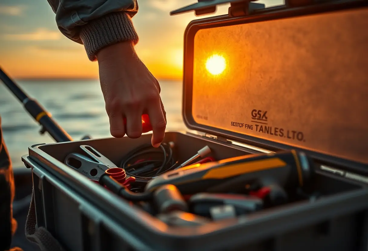 Une main de pêcheur plonge dans une boîte à outils remplie de divers ustensiles, dont un coupe-fil électrique, le soleil se couche, pêche aux carnassiers