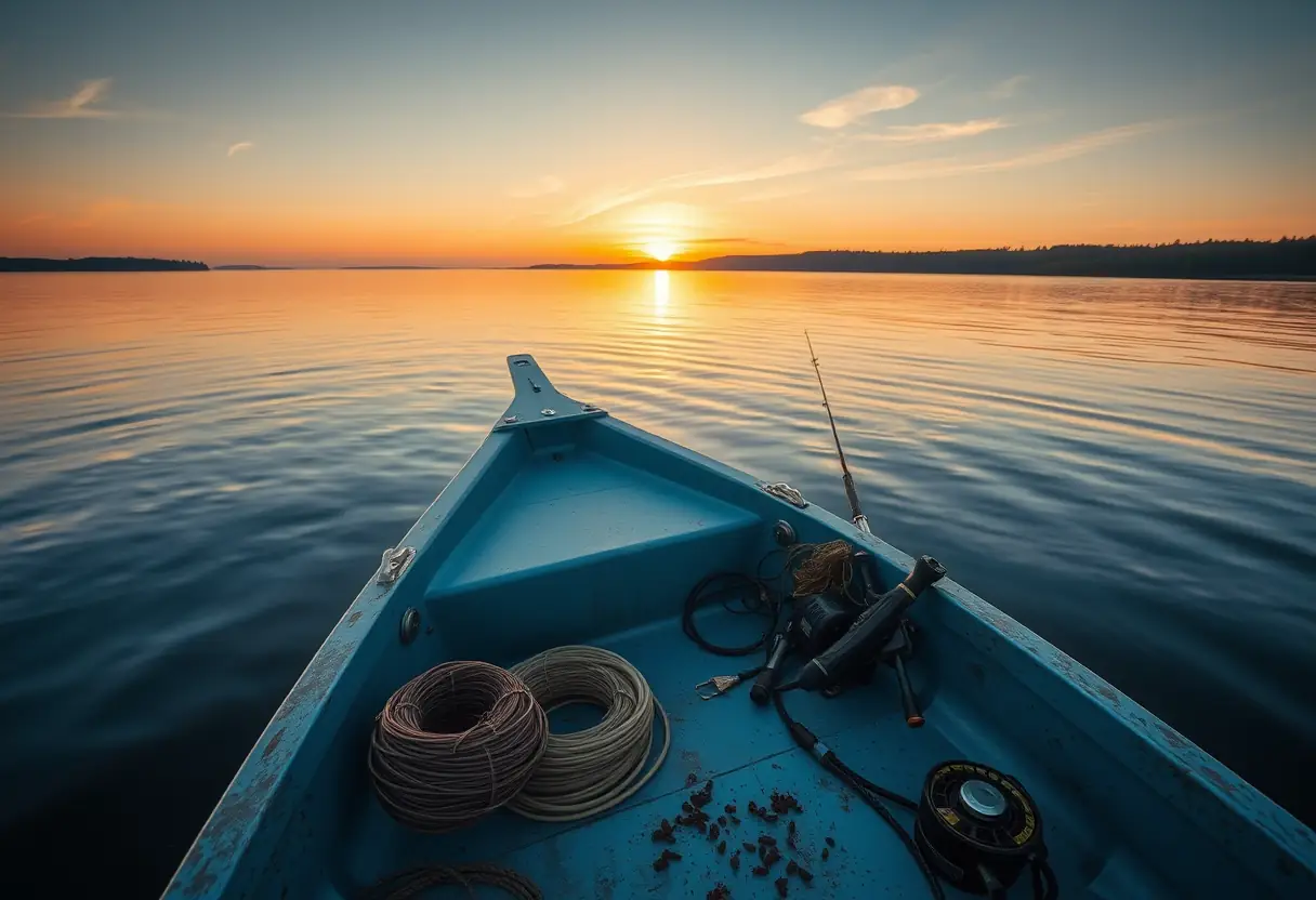 Un bateau de pêche flotte sur un lac à l'aube, chargé d'équipements de pêche et d'un coupe-fil électrique.