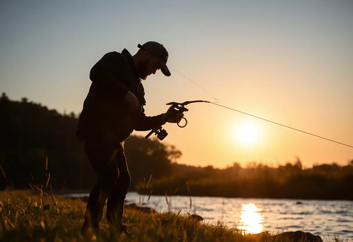 Un pêcheur utilise une paire de pinces pour couper un fil de pêche au coucher du soleil