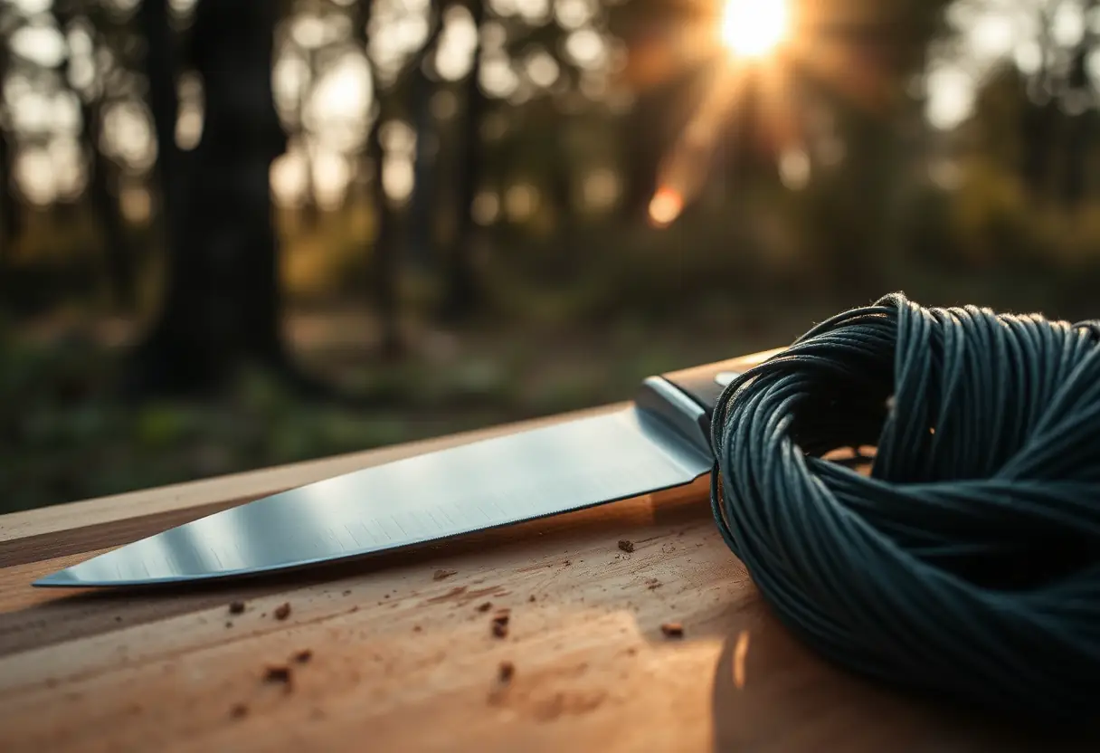 Plan rapproché d'une lame tranchante posée sur un plan de bois près d'un fil à pêche, sous la lumière du soleil du soir