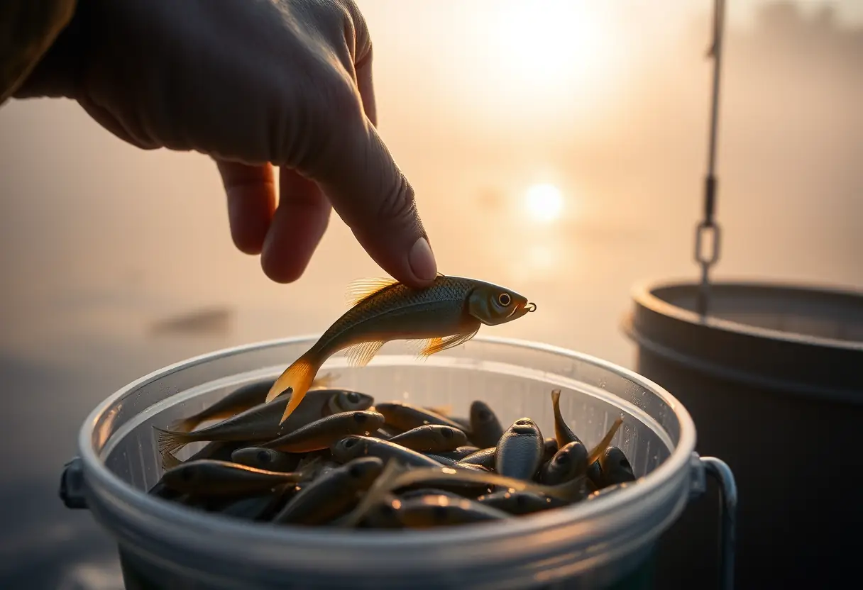La main d'un pêcheur plonge dans un seau de leurres vivants au lever du jour.