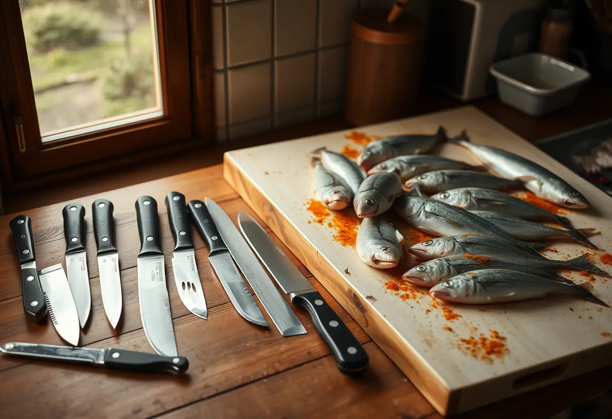Divers couteaux posés sur une table près de poissons nettoyés
