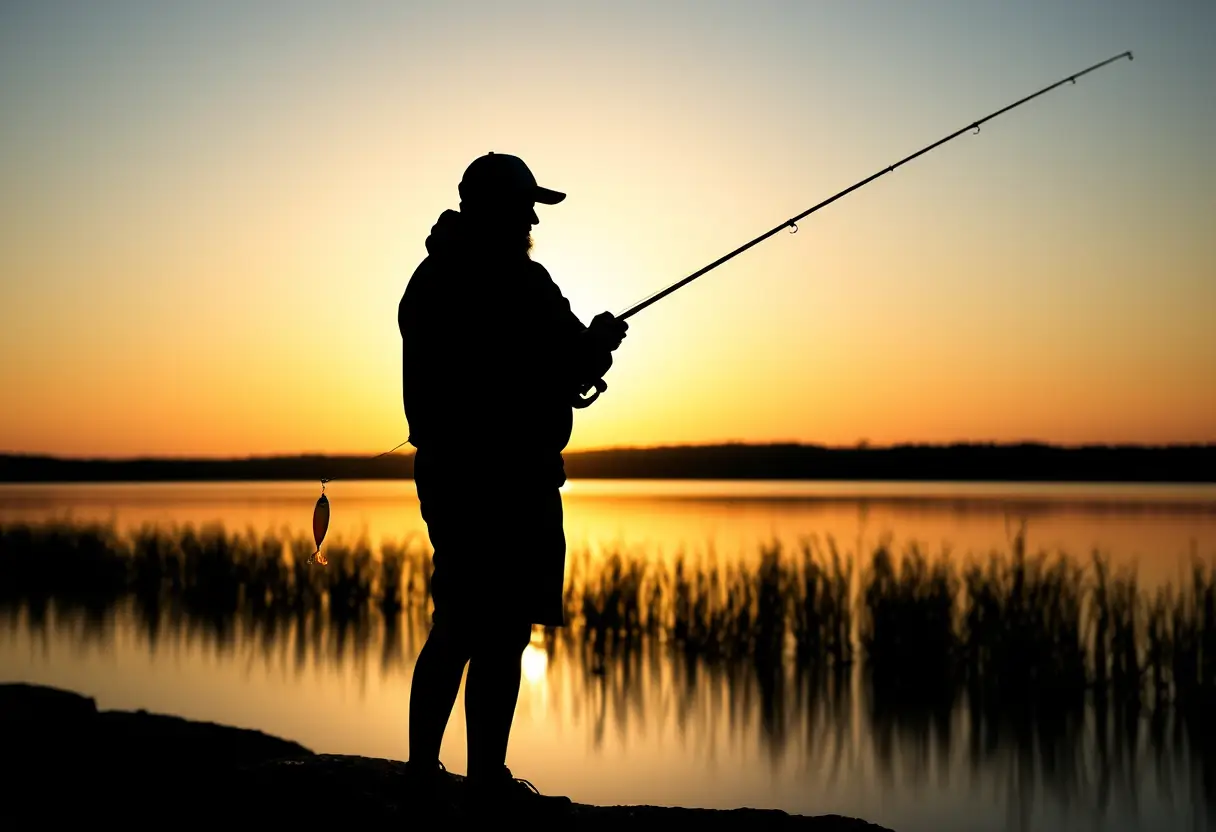 Silhouette d'un pêcheur tenant une canne à ligne avec une cuillère à truite colorée au coucher du soleil