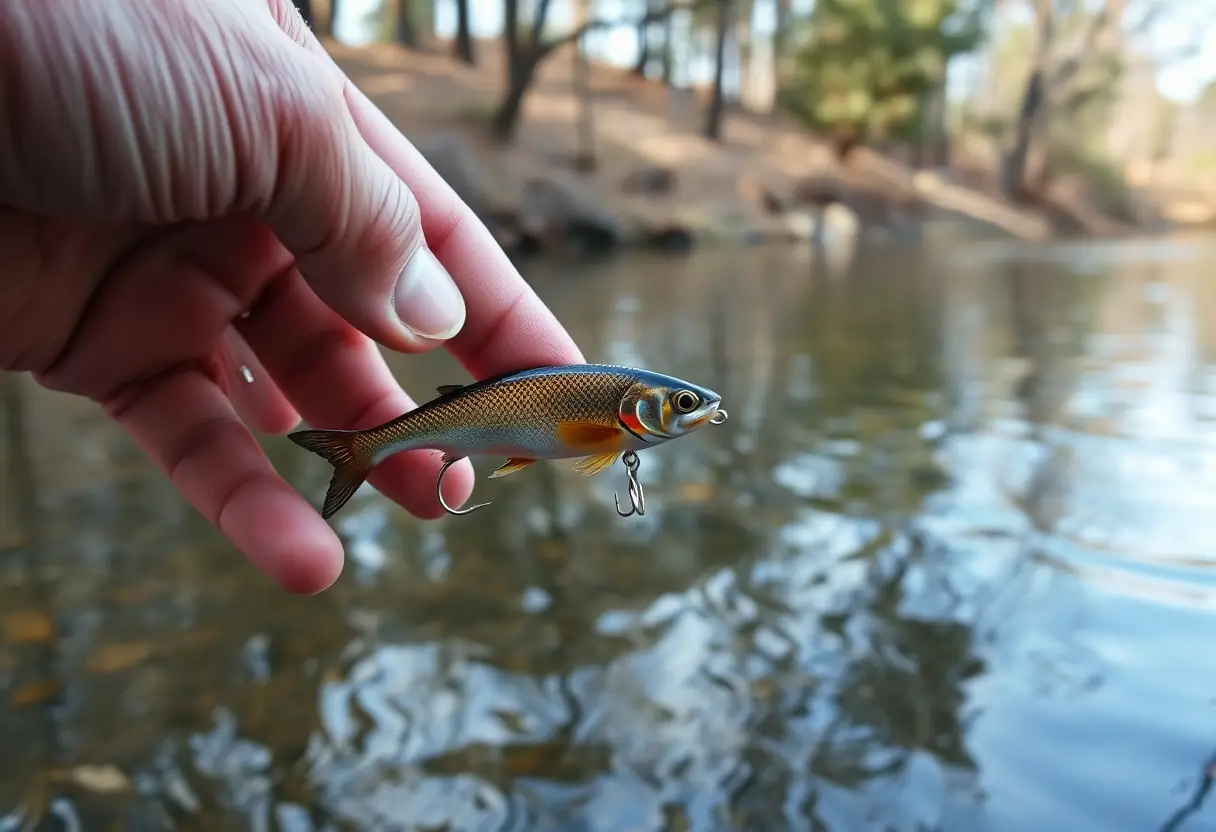 Une main tenant une lèvre oscillante au-dessus d'une rivière claire