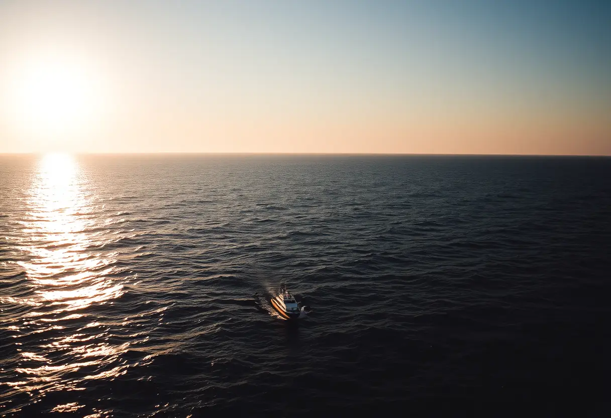 Description: un bateau flottant à l'horizon d'une mer vaste, sa silhouette se détachant à peine au lever du soleil