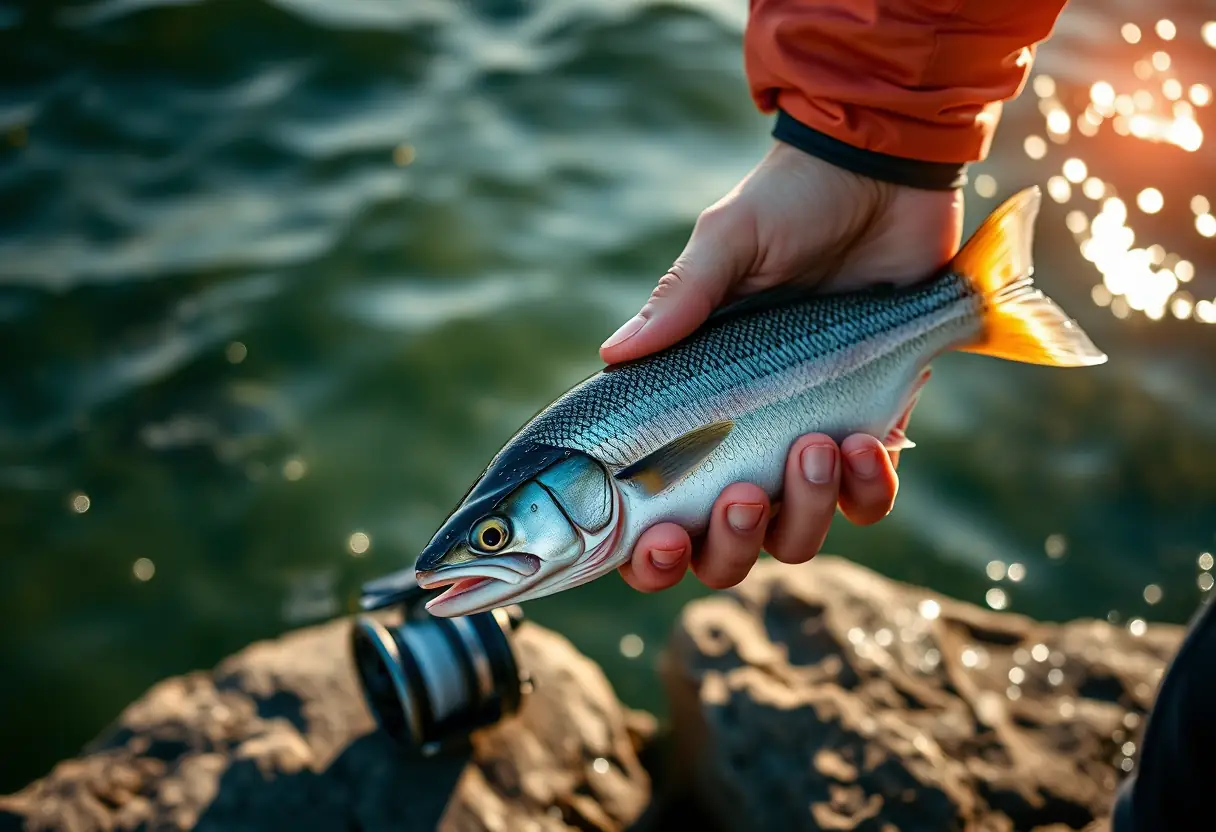 Une main de pêcheur tient délicatement un poisson fraîchement attrapé près du bord, sous le soleil de l'après-midi.