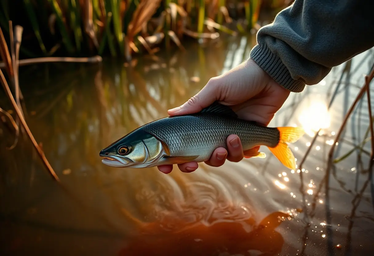 La main d'un pêcheur libère doucement un brochet vivant dans un étang français, sous le soleil matinal.