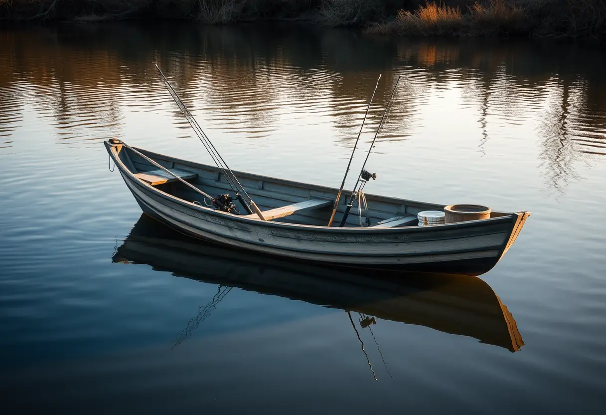 Un bateau en bois flotte sur une rivière calme, ses côtés garnis de cannes à pêche et de boîtes à outils, reflétant la lumière du milieu d'après-midi