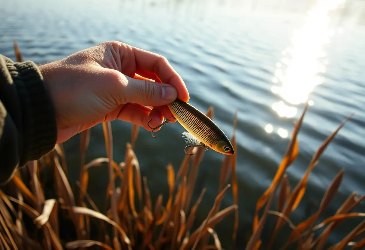 Main de pêcheur tenant un leurre souple près de la surface d'un lac calme