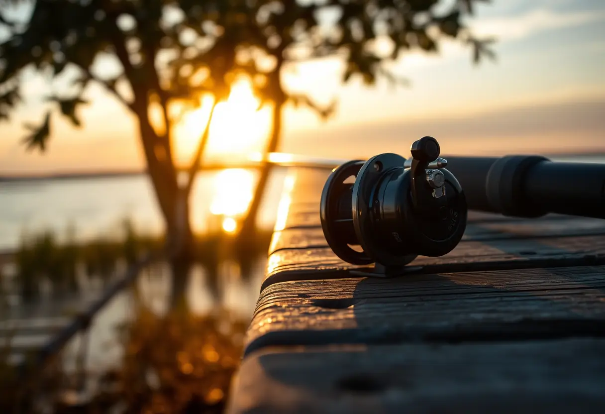 Vue rapprochée d'une canne de pêche sur un quai en bois au crépuscule, suggérant une récente capture de carnassier.