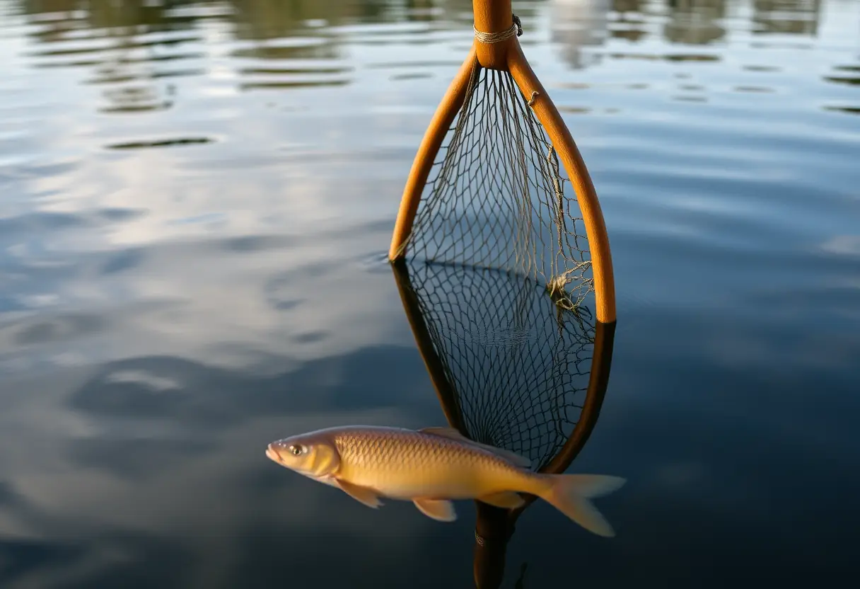 Un filet à carpe posé dans l'eau calme d'un lac, près d'une carpe qui nage paisiblement