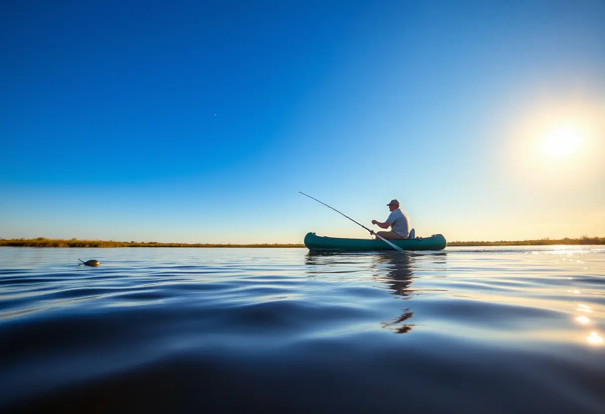 Un pêcheur en canoë traverse un lac calme sous un ciel bleu, prêt à pêcher avec une baudronne vivante, lumière naturelle