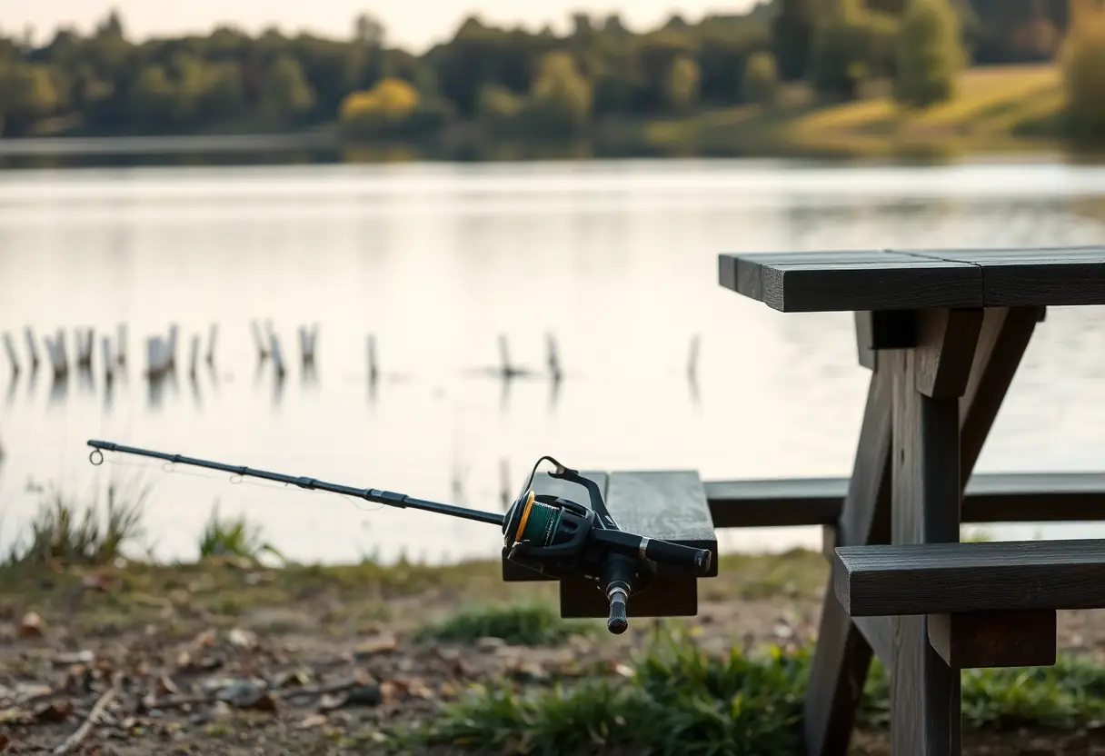 Une canne à pêche avec moulinet posée sur une table de pique-nique en bois près d'un étang calme
