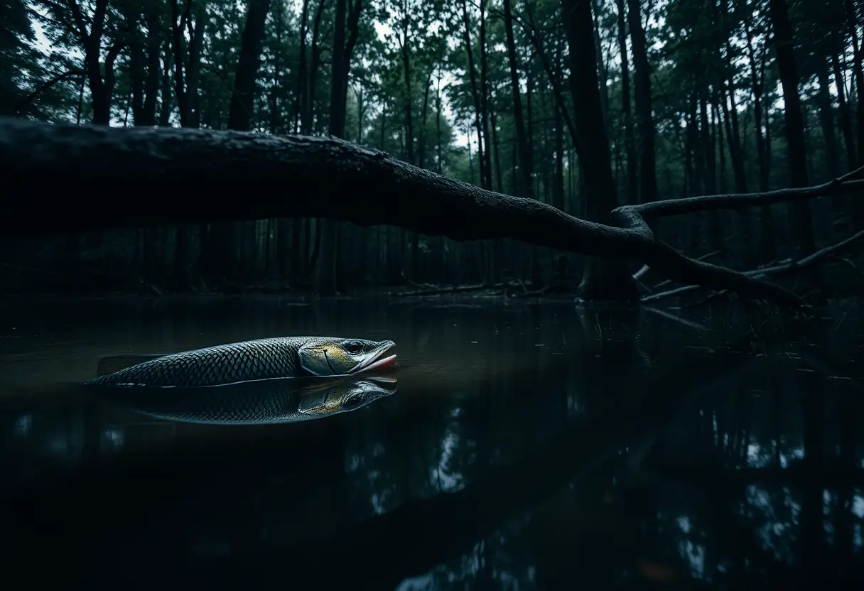 Un brochet émerge d'un étang caché dans la forêt, ses écailles brillant faiblement à travers les arbres