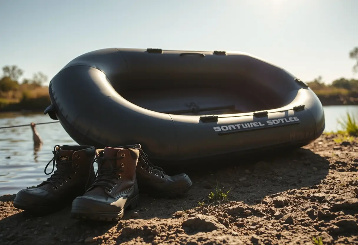 Des chaussures de pêche posées à côté d'un tube de flottaison partiellement gonflé près d'une rivière