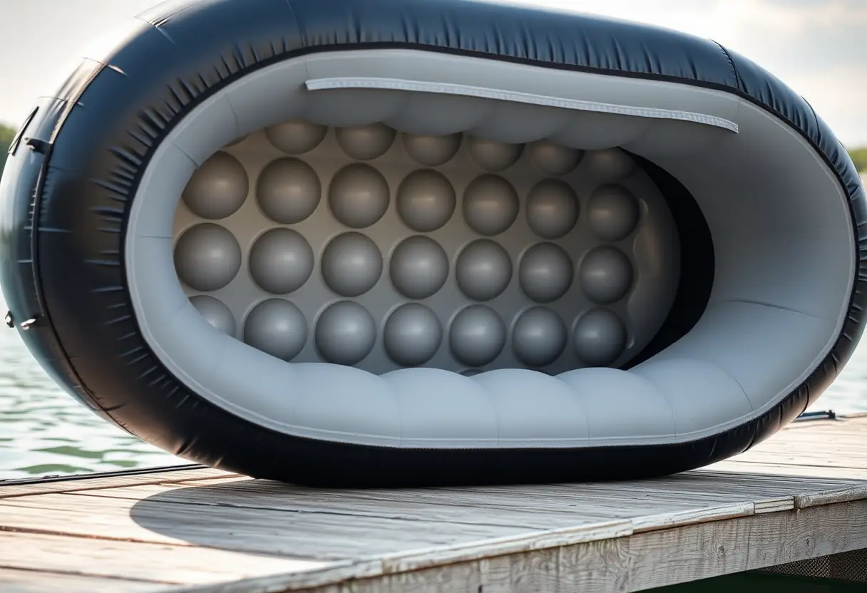Le dessous d'un float tube montrant sa construction solide et ses chambres d'air pour la flottabilité