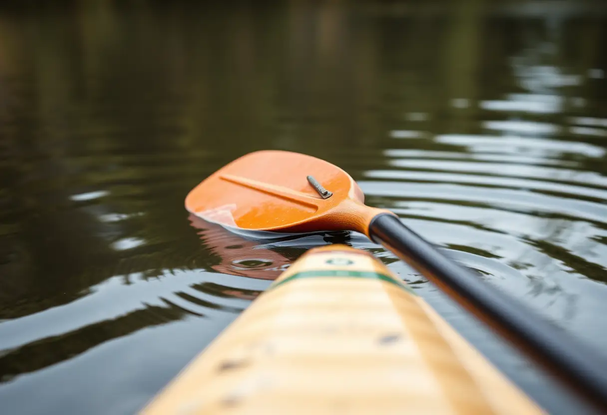 Une pagaie immergée dans une rivière paisible