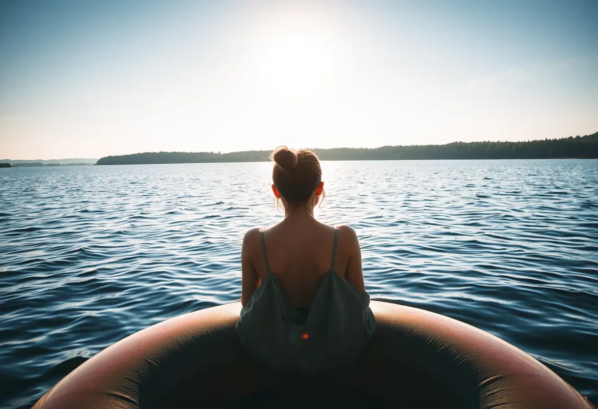 Un pêcheur assis sur un float tube regardant le lac au lever du soleil