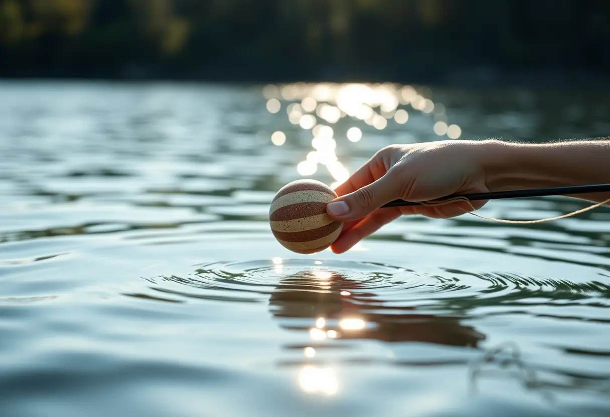 Une main de pêcheur tient délicatement un couche à la forme ronde flottant sur une eau calme