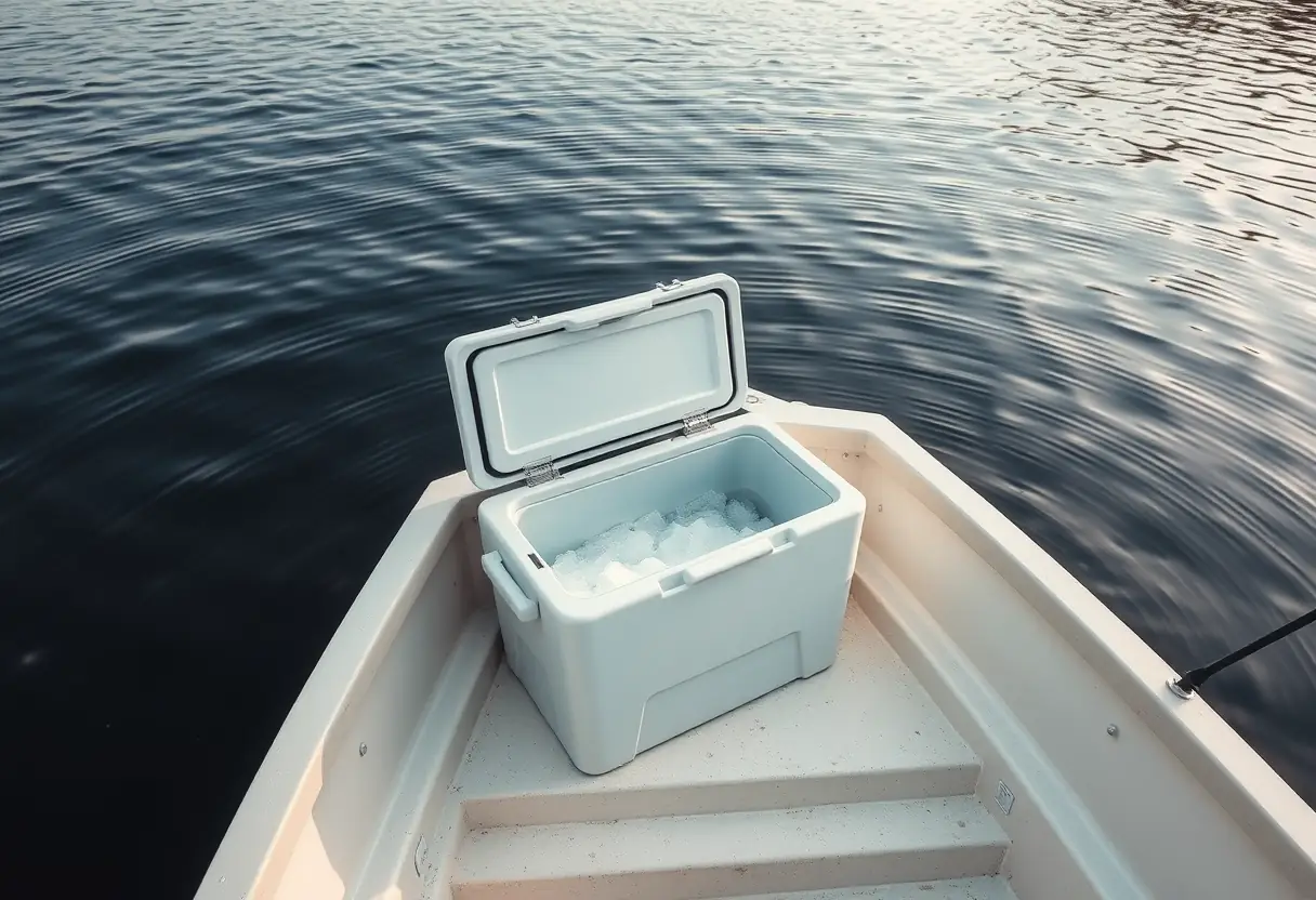 Une glacière posée sur le pont d'un petit bateau de pêche, entourée par l'eau calme d'un lac