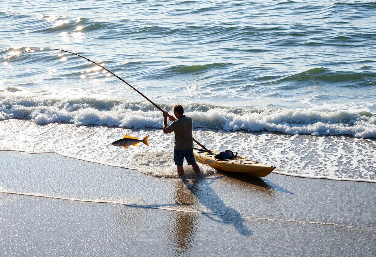 Un pêcheur en kayak tient sa canne près d'un poisson capturé, au lever du soleil