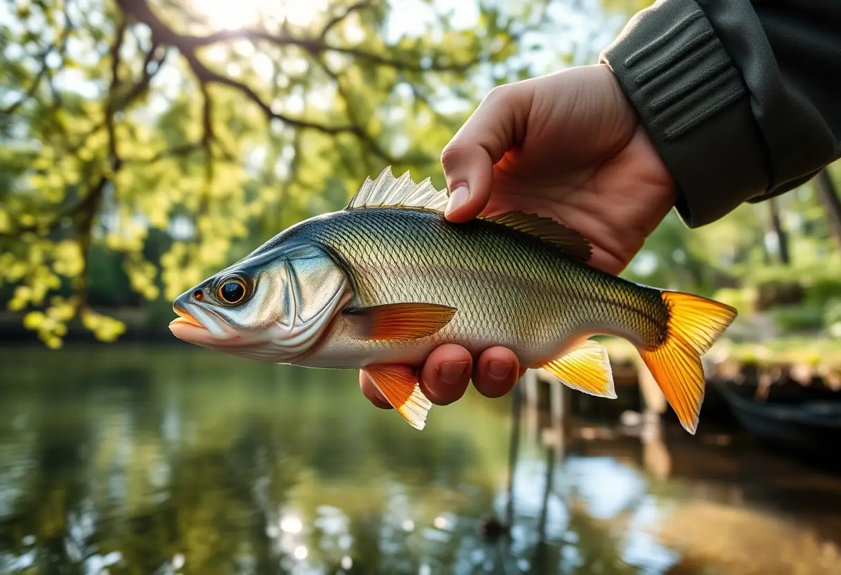 Une main tenant une perche fraîchement capturée, les écailles scintillant sous la lumière du soleil