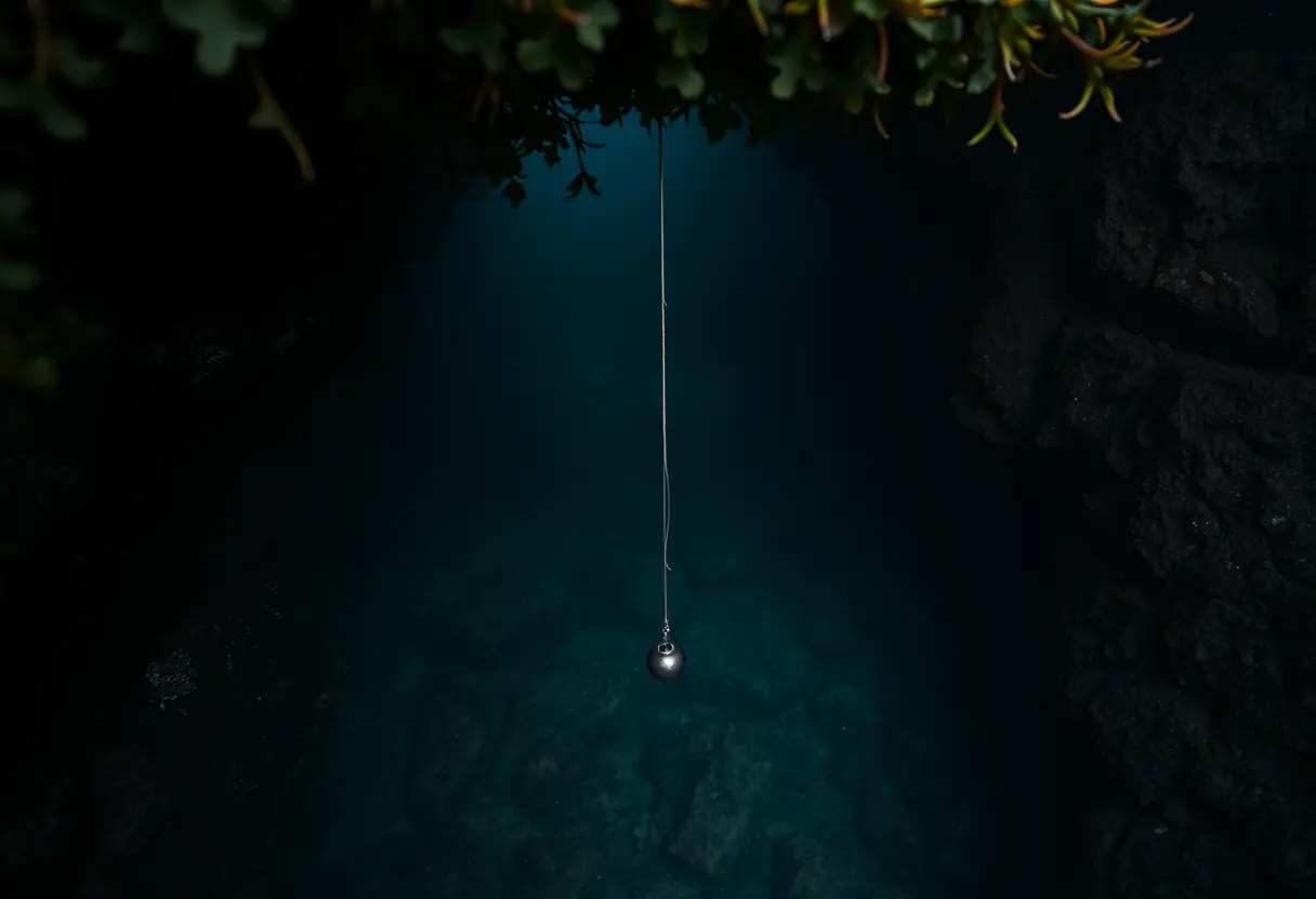 Dans l'ombre d'une crique rocheuse, une ligne de pêche disparaît sous l'eau, guidée par un plomb, pêche en mer du bord