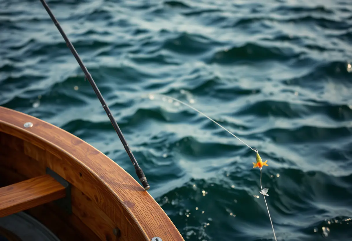 Une canne à pêche posée contre la proue d'un bateau en mer