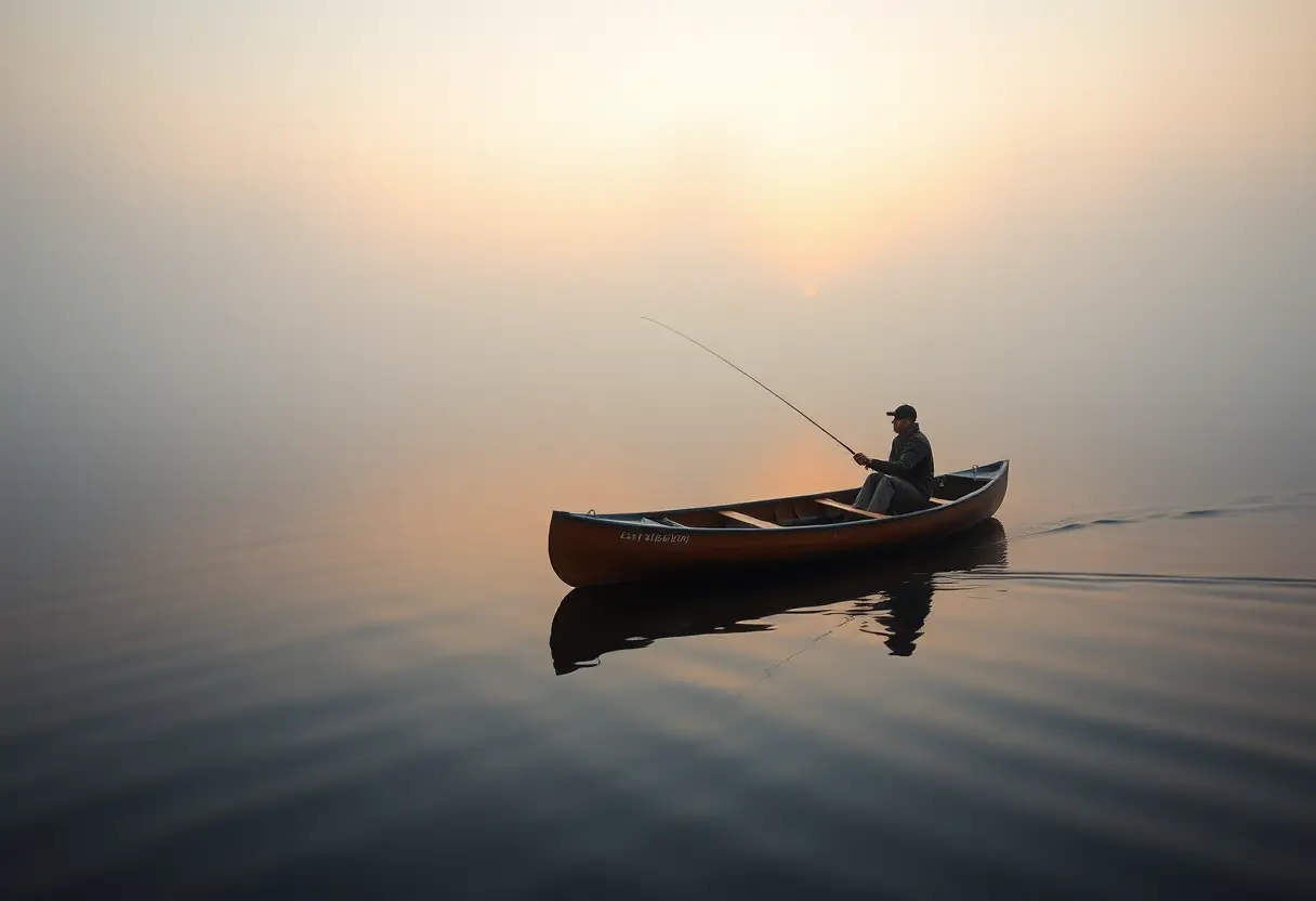 Canot de bois glissant sur un lac tranquille à l'aube, chargé d'un pêcheur avec sa canne à la main