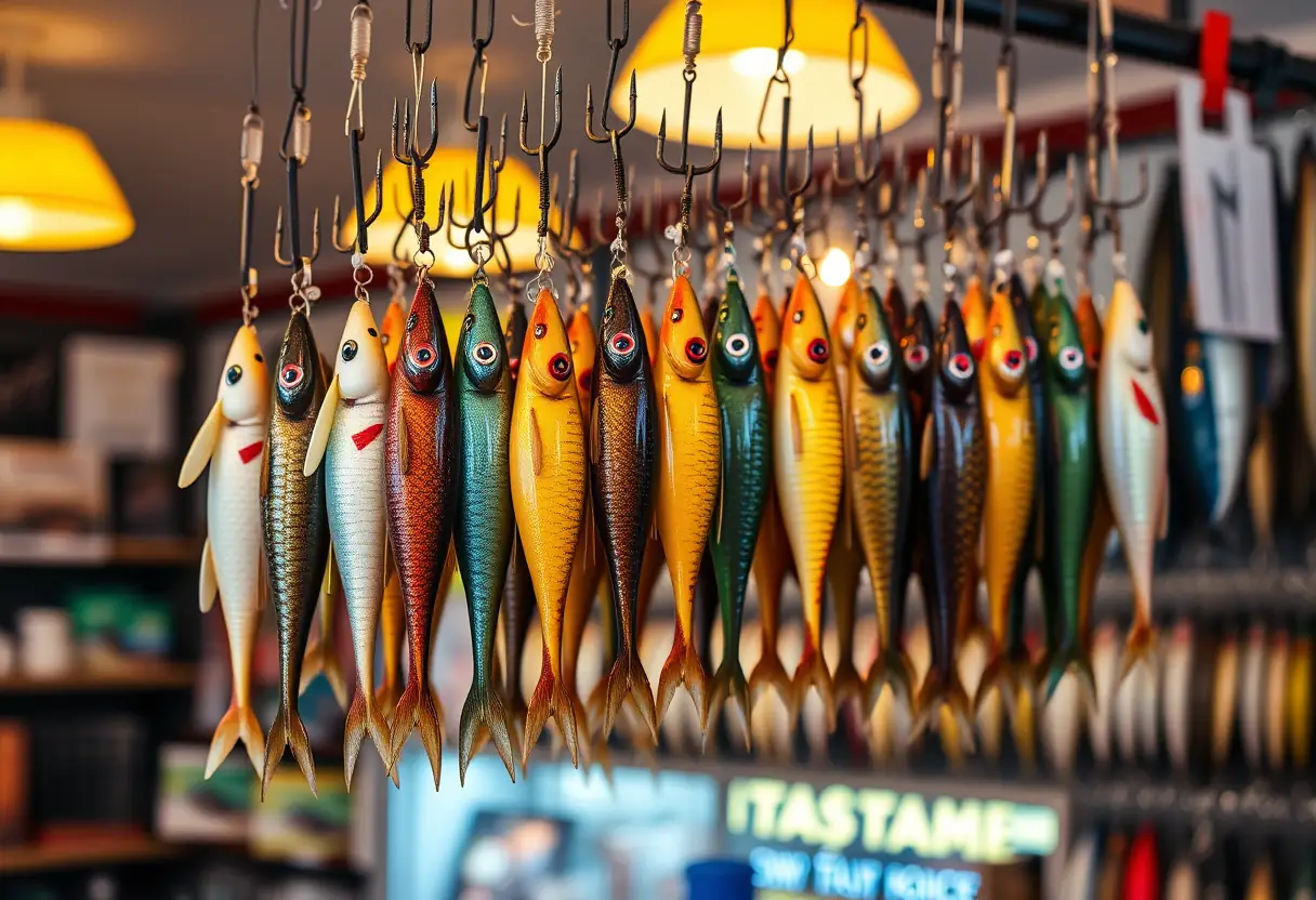 Des leurres souples suspendus dans un magasin de pêche bien éclairé