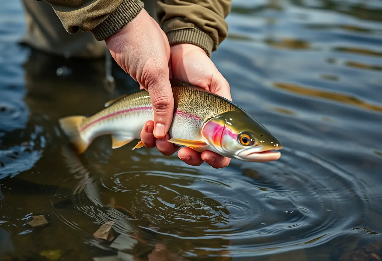 Des mains de pêcheur tiennent délicatement un poisson capturé près de la surface d'une rivière.