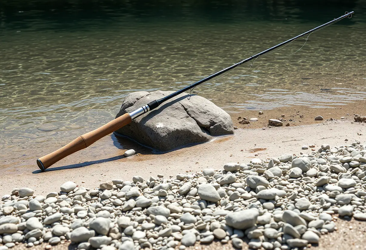 Bâton de pêche posé contre une grosse pierre à côté de galets et de sable fin