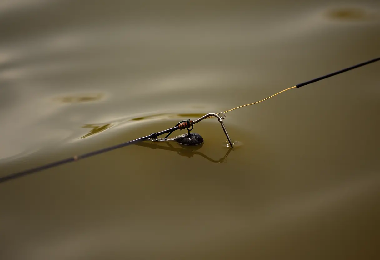 Un montage de pêche à la carpe partiellement immergé dans un lac trouble, le fil de pêche reflétant la lumière de l'eau.