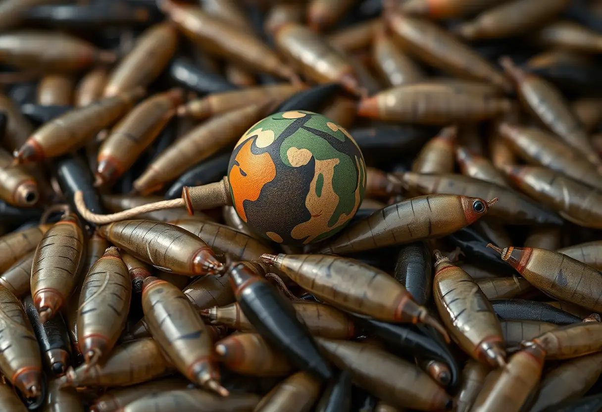 Un flotteur camouflé repose sur un tas d'appâts près d'un cours d'eau