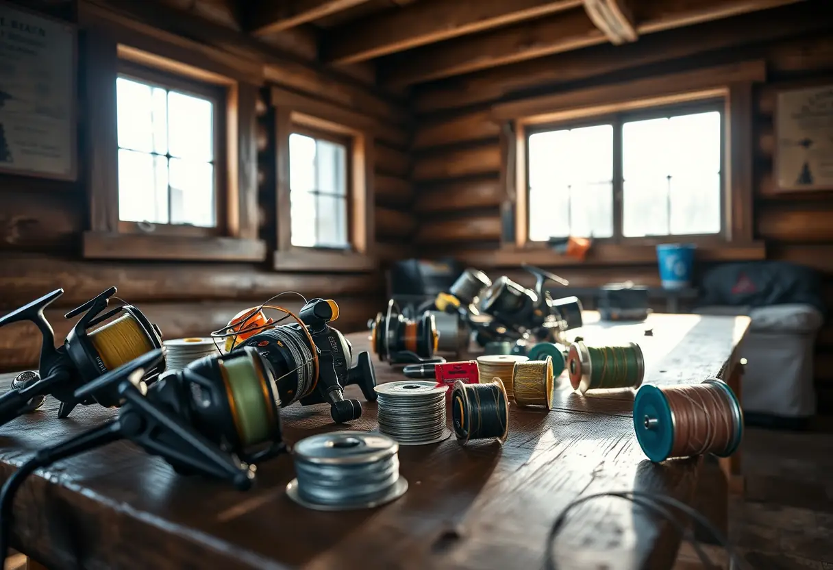 Des moulines et bobines de ligne de pêche éparpillés sur une table de bois dans une cabane rustique