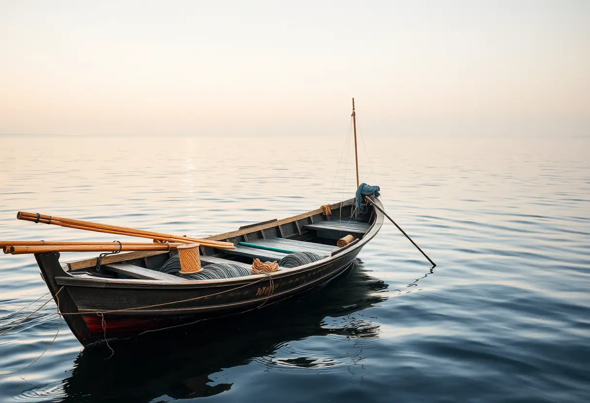 Un bateau de pêche sur une baie calme, ses côtés garnis de cannes en bambou et de moulines, sous le soleil de l'après-midi