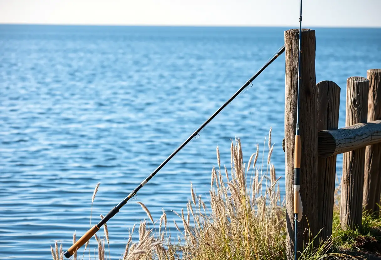 Une canne à pêche repose contre une clôture en bois usée près d'un lac calme, sa ligne flottant doucement dans l'eau