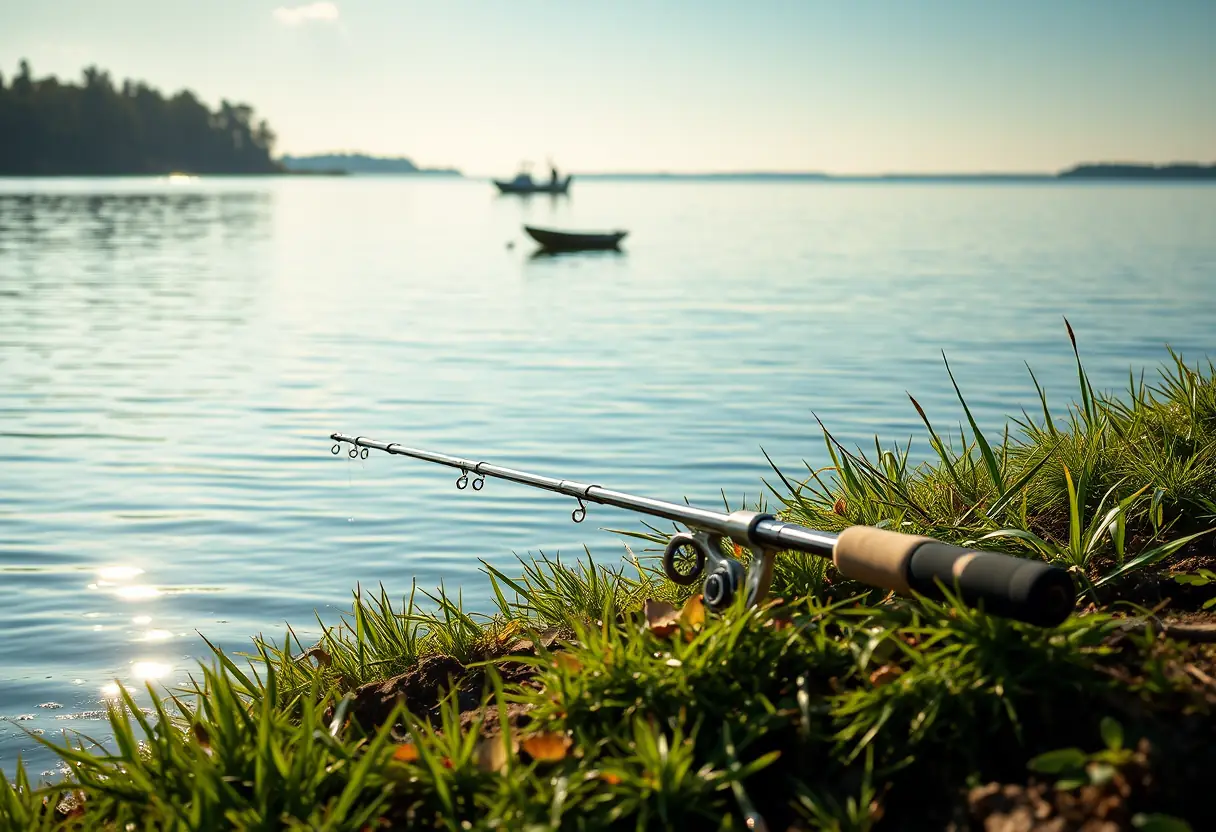 Une canne de pêche posée sur un talus près d'un lac calme avec un petit bateau en arrière-plan pour la pêche au brochet.