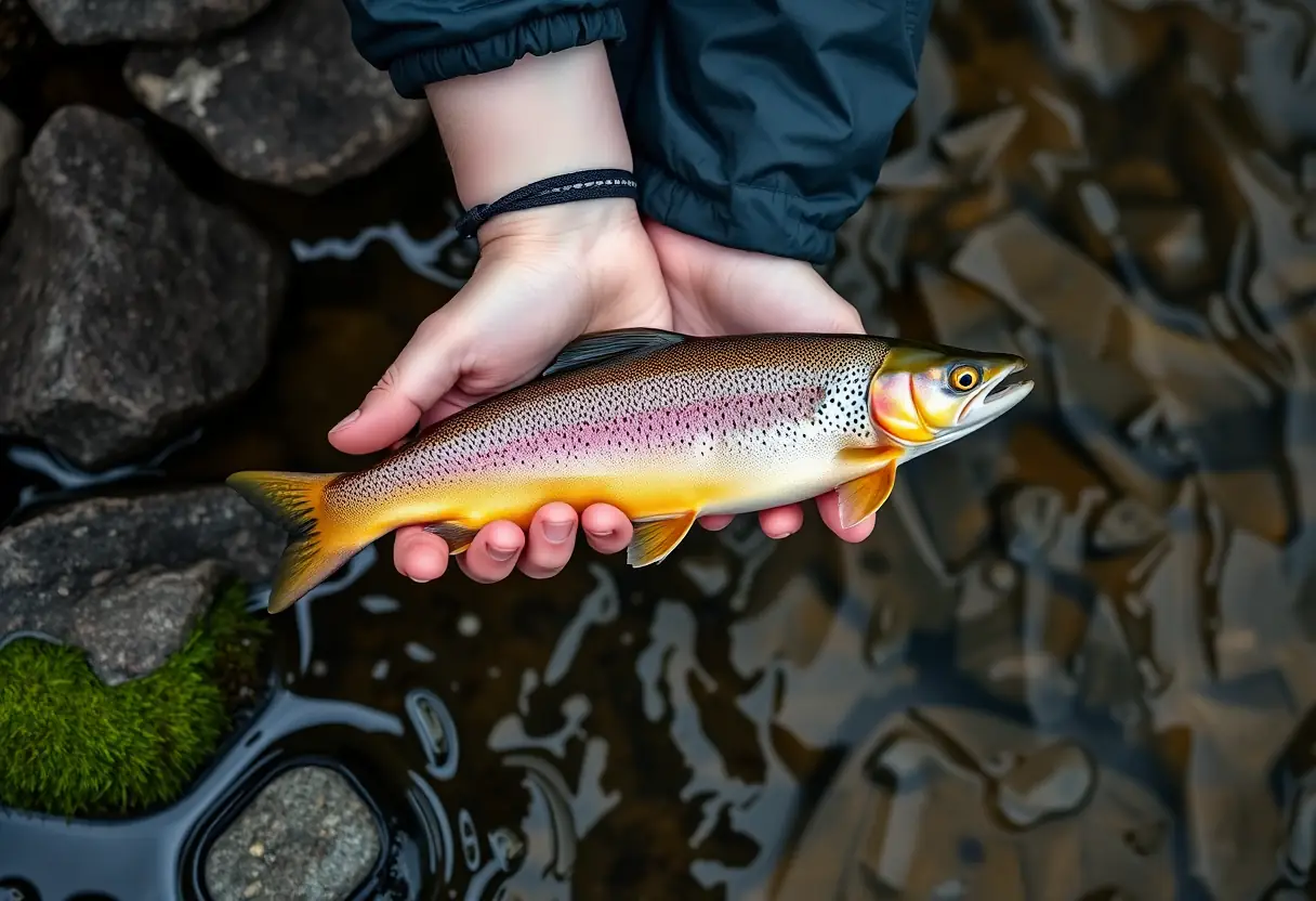Des mains tiennent précautionneusement une truite vivante près du cours d'eau clair où elle a été capturée.