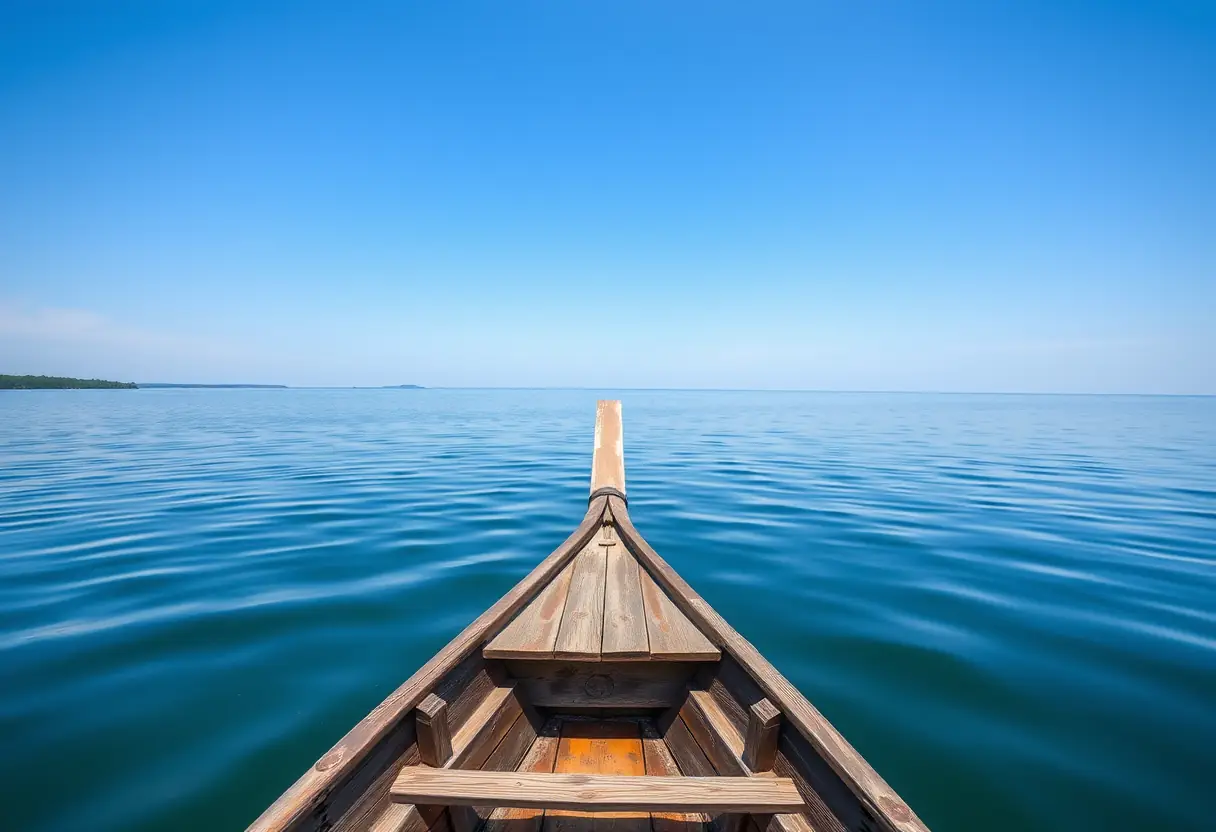Un bateau en bois flotte sur un lac calme, une canne à pêche tendue vers l'eau.