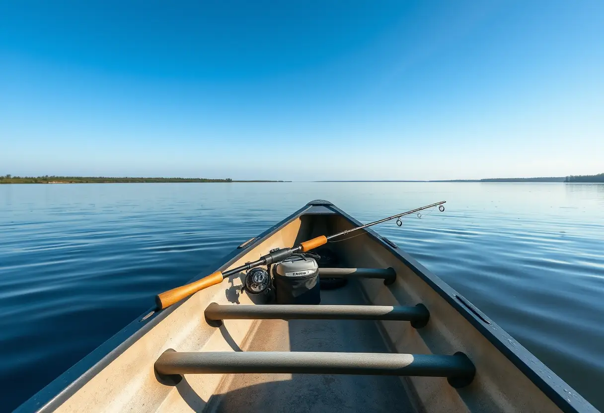 Un canoë sur un lac calme avec une canne à pêche prête près d'une boîte à outils